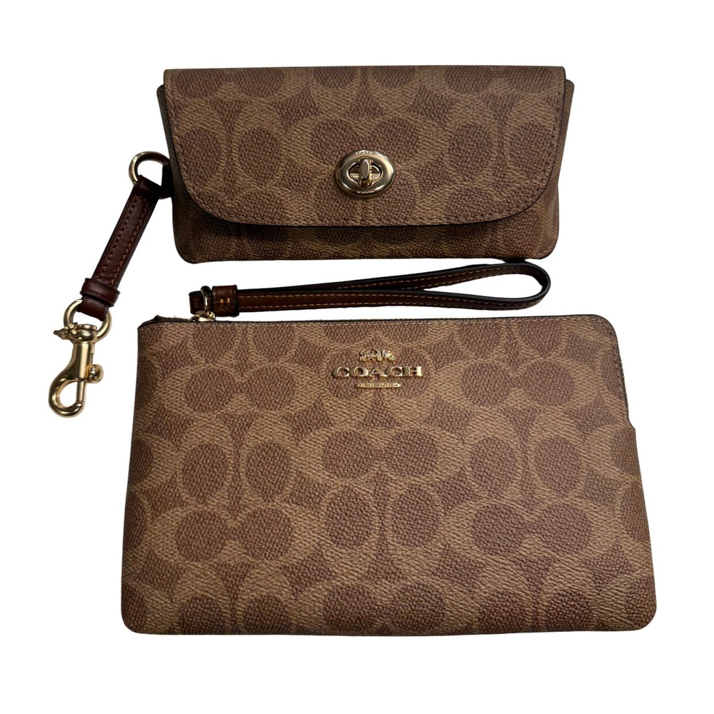 Coach Signature Canvas Brown/Tan Print Wristlet and Sunglass‎ Case